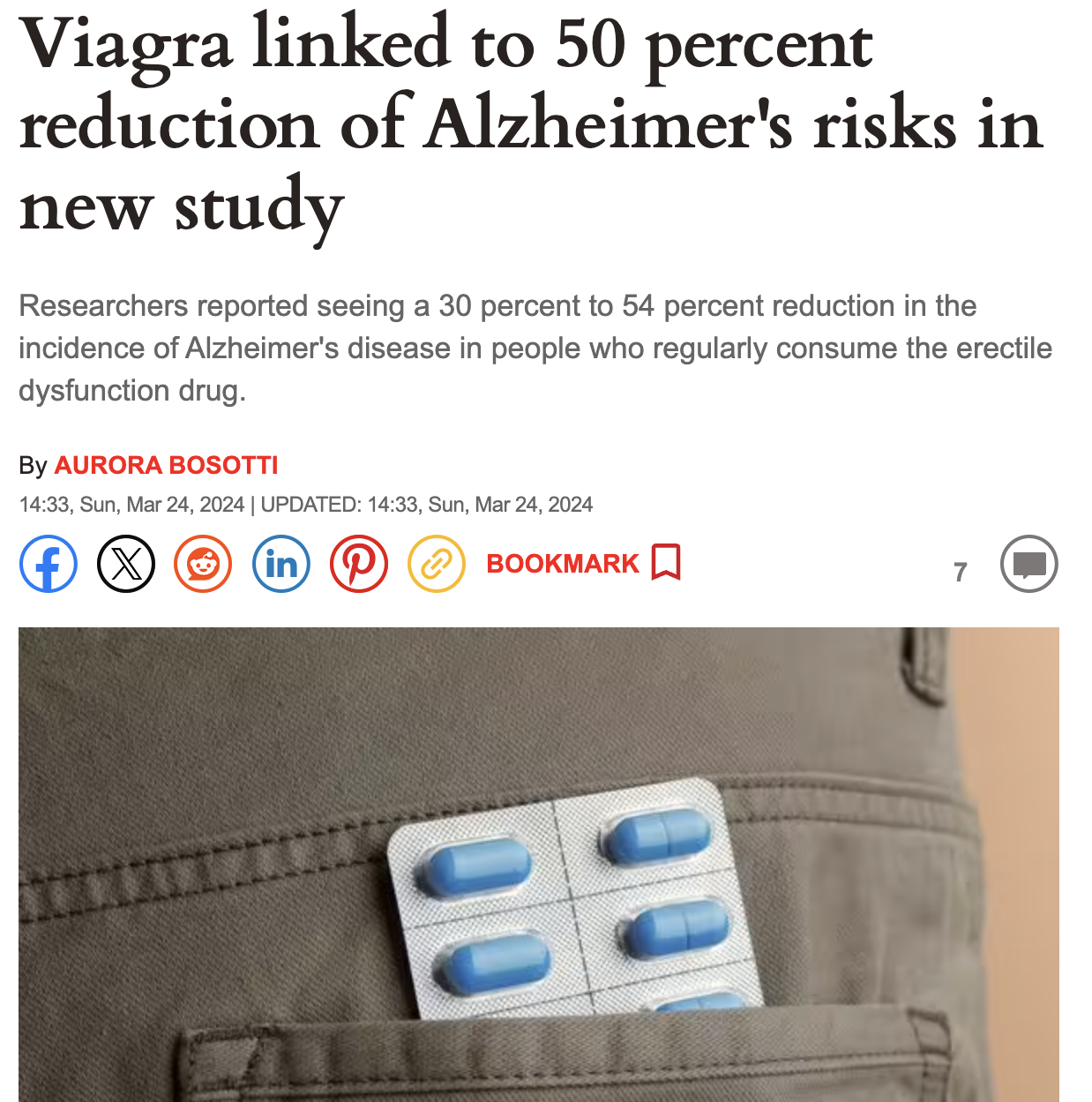 pill - Viagra linked to 50 percent reduction of Alzheimer's risks in new study Researchers reported seeing a 30 percent to 54 percent reduction in the incidence of Alzheimer's disease in people who regularly consume the erectile dysfunction drug. By Auror